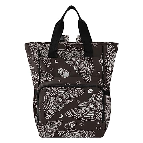 MNSRUU Diaper Bag Moth Skull Moon Esoteric Diaper Bag Backpack Multifunction Travel Diaper Bag Tote Large Capacity Diaper Changing Backpacks for Moms Dads