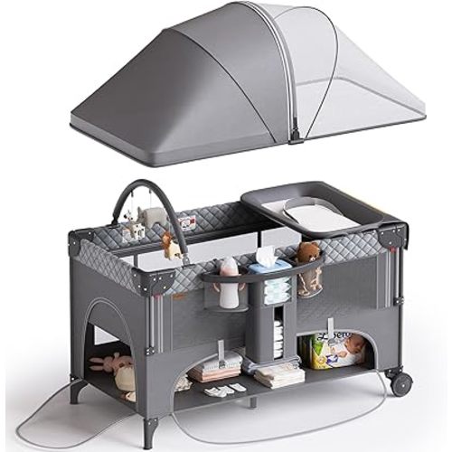 4 in 1 Baby Bassinet,Pack and Play,Bedside Crib Sleeper,Baby Bassinets Bedside Sleeper with Diaper Changer, Mosquito Net,Bottom Storage and Toy Bar for Newborn to Toddles (Grey)