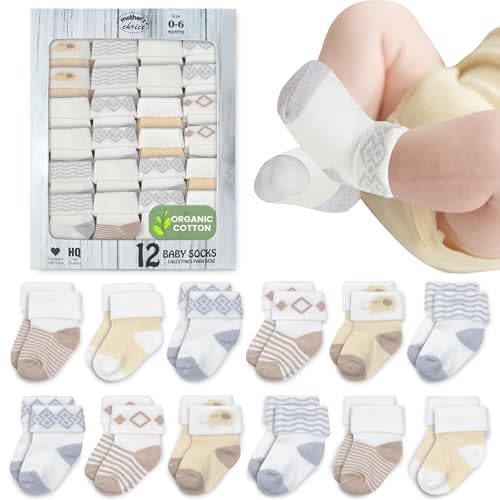 Organic Cotton Baby Socks, 12 Pairs, Unisex 0-6M - Soft, Hypoallergenic Newborn & Infant Socks - Baby Girl & Boy Gifts, (US, Age, 0 Months, 6 Months, 12, Brown)