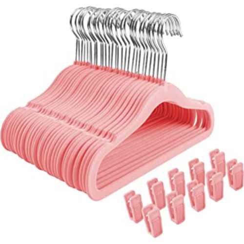 Finnhomy Non-Slip Clothes Hangers for Baby and Kids 30-Pack Velvet Hangers with 10 Finger Clips, Light Pink