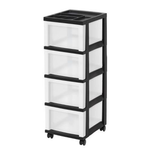 IRIS 4 Drawer Storage Cart with Organizer Top Black: Portable Plastic Utility Drawers for Universal Organization