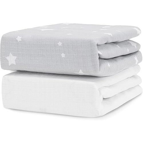 Newton Baby Organic Fitted Crib Sheet (2-Pack) - Ultra Breathable and Soft, 100% Organic Muslin Cotton, Stardust Print in Twilight Grey + Solid White, Fits All Standard Cribs