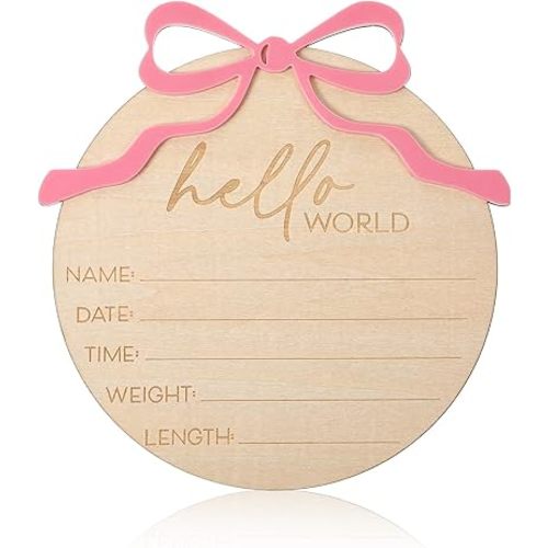 Baby Announcement Sign, Pink Bow Welcome Baby Sign, Wooden baby Name sign for Photo Props Hospital Nursery
