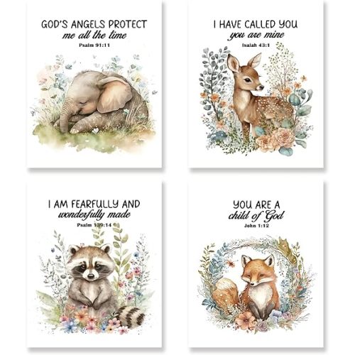KSDUT Christian Bible Verse Wall Art Decor Set of 4 - Scripture Religion Artwork Poster Forest Animals Wall Decor for Home Bedroom Nursery Baby Room Playroom Decorations - 12"x16" Unframed