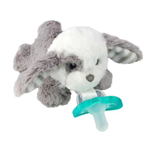 RaZbaby JollyPop Pacifier, Holder w/Detachable Baby Pacifier, Stuffed Animal RaZbuddy, All Ages 0M+, 100% Medical Grade USA Made Silicone, Machine Washable, Textured & Easy to Hold – Puppy