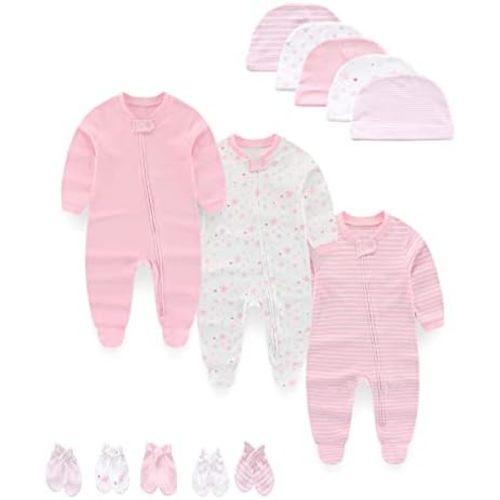 Baby Boy Girls Clothes 2-Way Zip Footed Long Sleeve 100% Cotton Baby Pajamas,Newborn Caps and Scratch Mittens Set