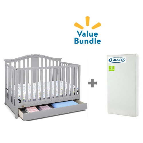 Graco Solano 5-in-1 Convertible Crib with Drawer in Pebble Gray & Premium Foam Crib Mattress