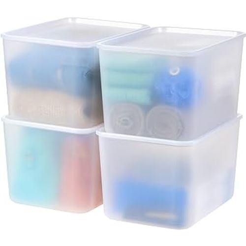 IRIS USA Plastic Basket Bin with Lid, 4-Pack, Stackable Lidded Storage Organizer Basket for Office Closet and Bedroom, Easy to Clean, Pearl