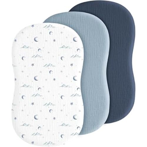 Baby Muslin Bassinet Sheets 3 Pack for Boys & Girls, Soft Breathable Cotton Bassinet Mattress Cover, Universal Fit for Hourglass, Oval, and Rectangle Mattress (Nightfall Blue)