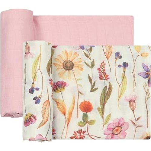 Muslin Swaddle Blankets for Baby Girl, 2-Pack 70% Viscose from Bamboo and 30% Cotton Large Swaddle Blankets (47" x 47"), Solid Pink Color/Flower Print