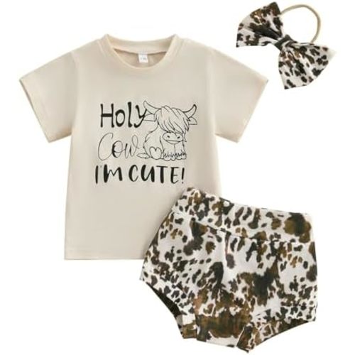 Newborn Infant Baby Girl Western Outfit Holy Cow I'm Cute Short Sleeve T-Shirt Shorts Headband 3Pcs Summer Outfit Set