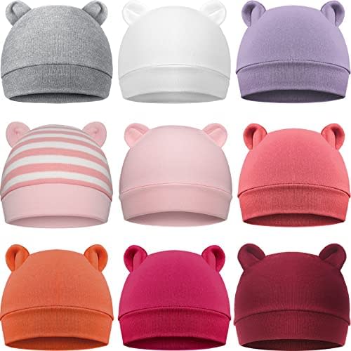 Geyoga 9 Pieces Newborn Baby Hat Bear Ears Infant Caps Baby Boy Girl Toddler Hats Beanie Caps, 2 Ears