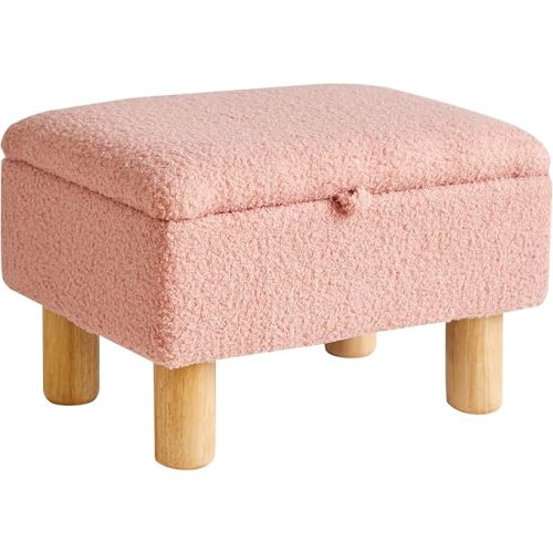 Teddy Velvet Small Ottoman Foot Rest, Foot Stools with Storage Small, Upholstered Rectangle Wood Ottoman with Safety Hinge Flip Top, Bed Stool for Bedroom Dorm Teddy Pink YD-JD136P