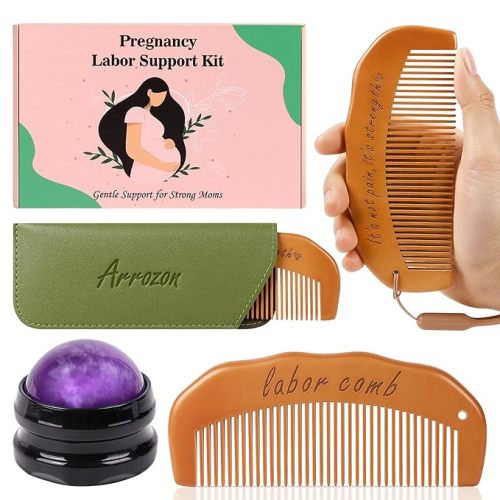 Arrozon 2 Pcs Labor Comb & Purple Massage Roller Ball Kit, Birthing Comb Labor and Delivery Essentials, Wooden Combs Hospital Bag Essentials New Mom Gift