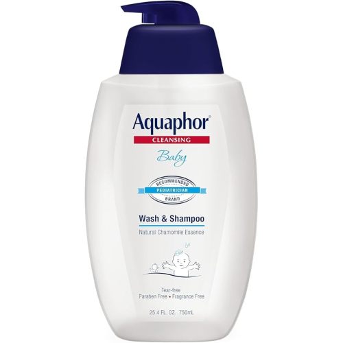 Aquaphor Baby Wash and Shampoo, Unscented Baby Shampoo and Wash, 25.4 Fl Oz Pump Bottle