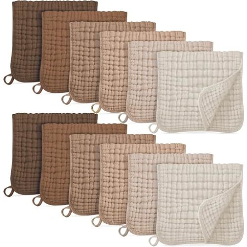 Unnivoll Muslin Burp Cloths for Baby 100% Cotton Burping Cloths for Boys Girls Large 20''X10'' Extra Soft and Absorbent 12 Pack - Gradient Coffee