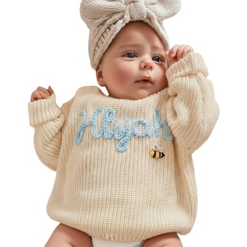 Personalized Baby Sweater with Name Custom Sweater for Newborn Boy Girl Hand-Embroidered Gift for Baby Shower Birthday Xmas