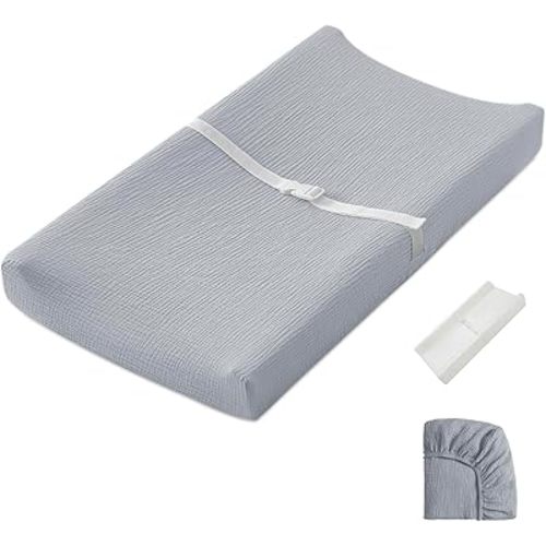 Blissful Diary Muslin Baby Changing Pad with Waterproof Lining Foam, Diaper Changing Table Pad with Cover for Dressers (Gray, Rectangular)