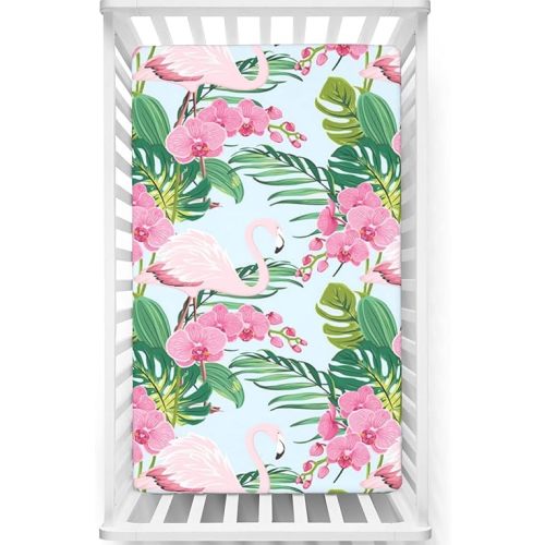 Flamingo Themed Fitted Crib Sheet,Standard Crib Mattress Fitted Sheet Ultra Soft Material-Great for Boy or Girl Room or Nursery, 28“ x52“,Baby Blue Rose Pastel Pink Sea Green
