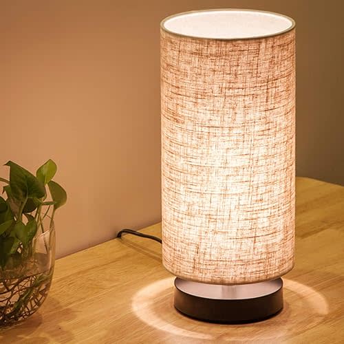 Table Lamp, Bedside Nightstand Lamp, Simple Desk Lamp, Fabric Wooden Table Lamp for Bedroom Living Room Office Study, Cylinder Black Base