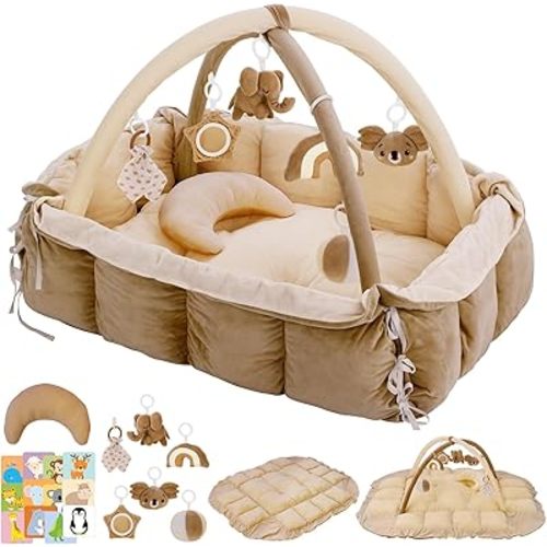 5-in-1 Baby Play Gym and Tummy Time Mat, Tummy Time Pillow & 12 Learning Cards, Plush Activity Mat with 6 Toys, Baby Gym, Convertible to Ball Pit, Baby Gift, Brown