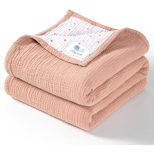 Lulu moon Muslin Baby Blanket - Cotton Quilt Blankets for Toddlers - Reversible Nursery Crib Blanket for Baby Boys and Girls 47"x47"(Peach Pink)