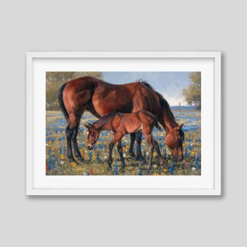 Wildflower Summer Field with Mare and Foal Painting Print, Sweet Mother and Baby Countryside Horse Lovers Art Gift Wall Art Print