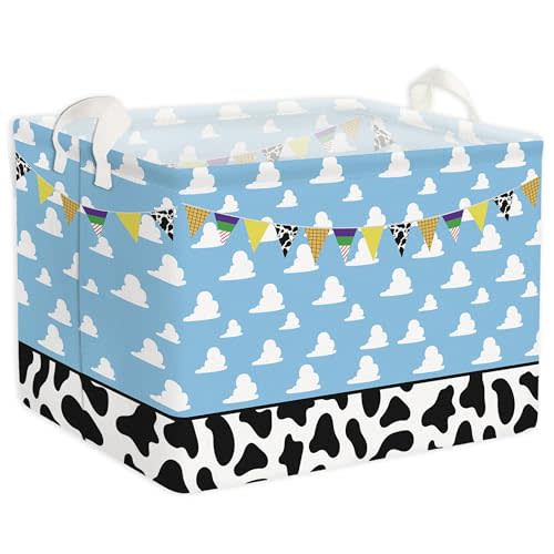 Toy Cartoon Basket, Story Storage Toy Nursery Basket With Hard Bottom Large Square Canvas Cotton Laundry Hamper Bin with Waterproof PE Coating Storage Foldable Bathroom and Bedroom Baby Stuff Clothes