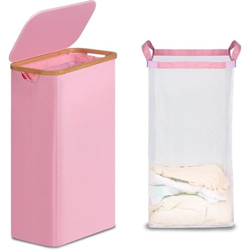 Slim Laundry Basket with Lid, Narrow Laundry Hamper with Removable Bag, Skinny Dirty Clothes Basket with Bamboo Handles for Bathroom, Bedroom & Laundry Room, 75L Pink