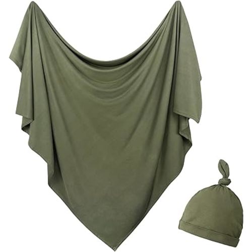 OWLOWLA Newborn Swaddle Set Stretch Wrap Swaddle Receiving Blanket for Baby Boy Girl(Olive-rm)
