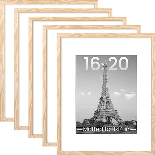 upsimples 16x20 Picture Frame Set of 5, Display Pictures 11x14 with Mat or 16x20 Without Mat, Wall Gallery Poster Frames, Natural