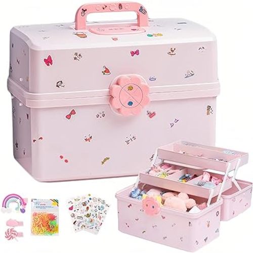 SEAHOME Hair Accessories Organizer for Girls Headbands, Clips, Ties Baby Girl Supplies, Lockable Three-layer Folding Craft Organizers and Storage Plastic Jewelry Box, 11.4x6.3x6.3in (227)