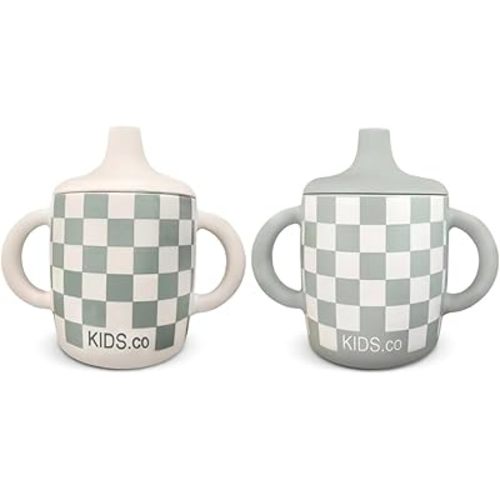 Silicone Sippy Cups with Easy Grip Transition Handles and a Soft Spout. A Non Txoic No Spill Unbreakable Training Cup. 150ml/5oz |2-PACK Sandy Shore & Green Checkers|
