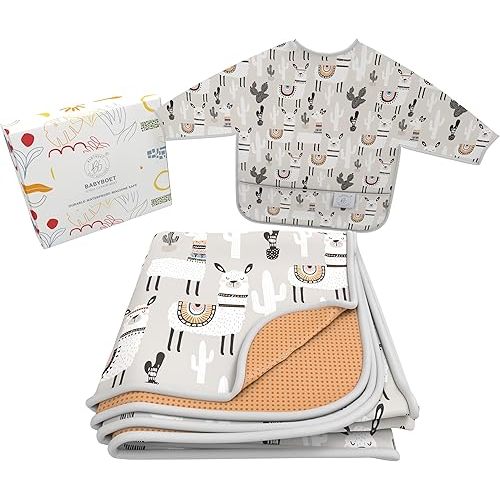 Splat Mat for Baby – Under High Chair Floor Mat Protects Wood, Vinyl and Carpet from Spills – Waterproof 4 Layer Baby Mat Bundle with Waterproof Matching Smock (51” x 51”)