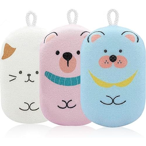 Baby and Kids Bath Loofah Sponge, Soft and Absorbent Toddler Exfoliating Body Scrubber Shower Loofa Sponge,Cute Pattern Design for Kids Baby Women Boys and Girl, 3 Pack (Bear/Dog/Cat)