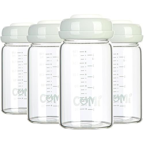 COMI Wide Neck Glass Breastmilk Collection n Storage Bottle, 4 Packs, 6oz with Screw Ring Sealing Disk; Re-markable Sealing Disc. BPA Free, Fits Breast Pumps & Nipples (4 Gray Lids)