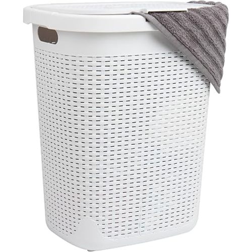 Mind Reader 50L Slim Laundry Hamper, Clothes Basket, Lid, Wicker Design, Plastic, 17.65"L x 13.75"W x 21"H, White