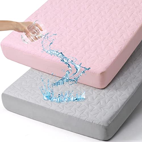 ACRABROS Pack n Play Sheets Fitted,2 Pack Waterproof Mini Crib Mattress Protector, Playard Sheets for Boys and Girls, Universal Fit Quilted Padded Ultra Soft,Gray & Pink
