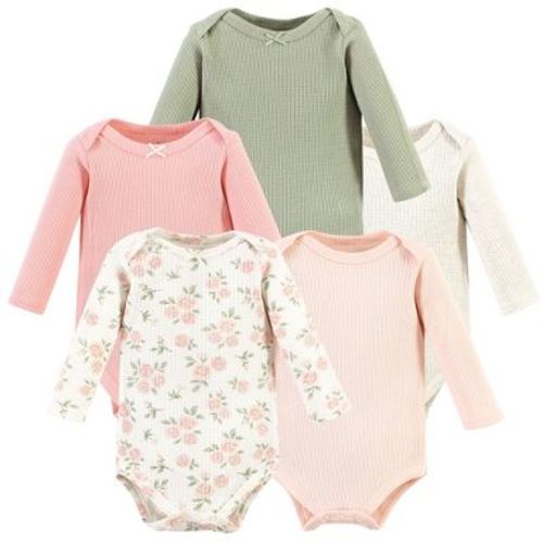 Hudson Baby Infant Girl Thermal Long Sleeve Bodysuits, Soft Pink Sage Rose, Newborn