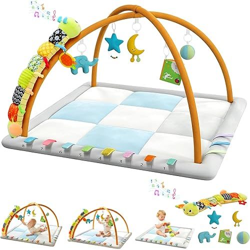 Kidmoze Baby Play Gym & Activity Mat, Baby Tummy time mat w 6 Detachable Toys, Promote Motor Skills & Sensory Development Mat, Newborn Infant Baby Essentials Gift.