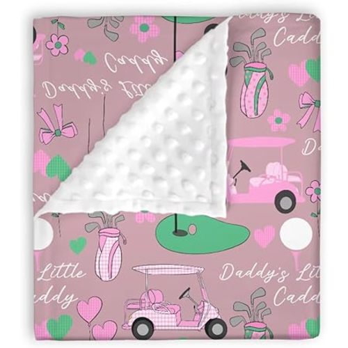 Mink Baby Girls Blanket Pink Gingham Golfing, Cute Golf Daddy's Little Caddy Soft Double Layer Dotted Backing Receiving Swaddle, Newborn Infant Toddler Nursery Crib Bedding Shower Gift 30 x 40