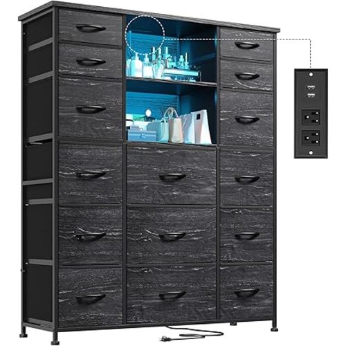 EnHomee 51" H Tall Dresser with 15 Drawers Dresser for Bedroom with Charging Station & LED Lights & Hutch Sturdy Black Bedroom Dressers, Steel Frame, Wood Top, 51.2" H x 39.3" W x 11.8" D