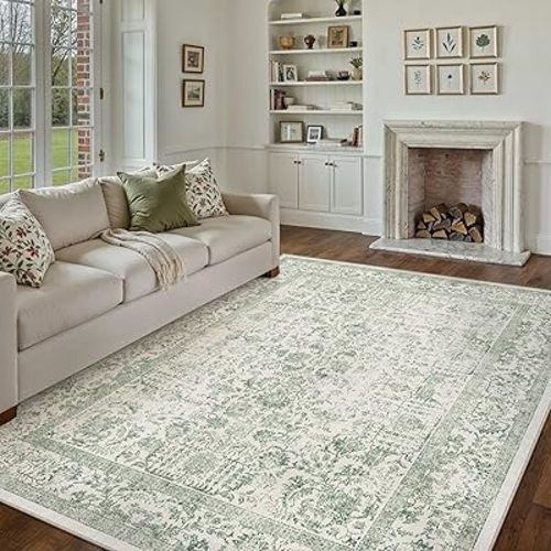 Sage Green Area Rug 6x9 Living Room Washable Carpet Vintage Distressed Non Slip Bedroom Carpet Neutral Low Pile Retro Floral Farmhouse Large Rug Home Office Dining Room Playroom