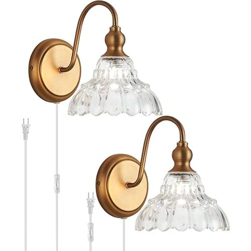 Plug in Vintage Wall Sconces Set of Two Brass Modern Wall Light Fixtures Antique Vanity Lights for Living Room Fireplace Bathroom Bedroom Coffee Room