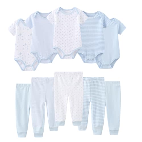 Ruliby Baby Bodysuit and Pant Set 10-pcs Cotton Soft Newborn Boy Girl Clothes Outfits