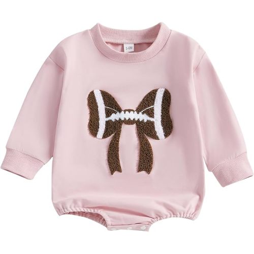 Newborn Baby Girl Football Clothes Football Bow Sweatshirt Romper Long Sleeve Bubble Romper Cute Fall Winter Outfit
