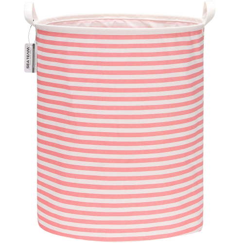 Sea Team Collapsible Canvas Fabric Laundry Hamper with Handles, Cylindric Waterproof Storage Basket, Closet Organizer, 19.7 x 15.7 Inches, Pink Stripe