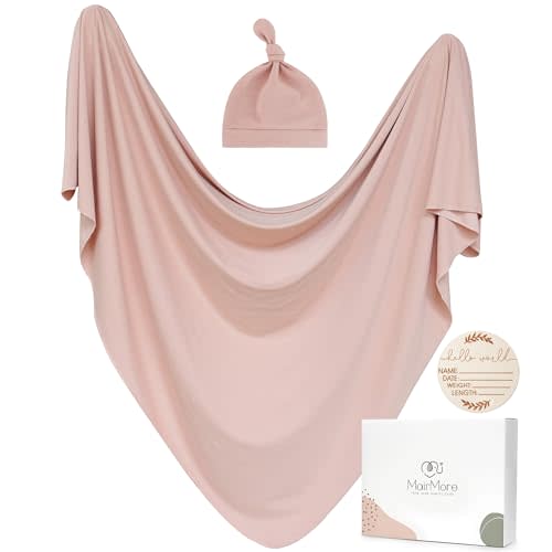 MairMore Baby Swaddle Receiving Blankets with Matching Beanie Set Newborn Nursery Swaddle Wrap for Baby Girls and Boys (Pink)