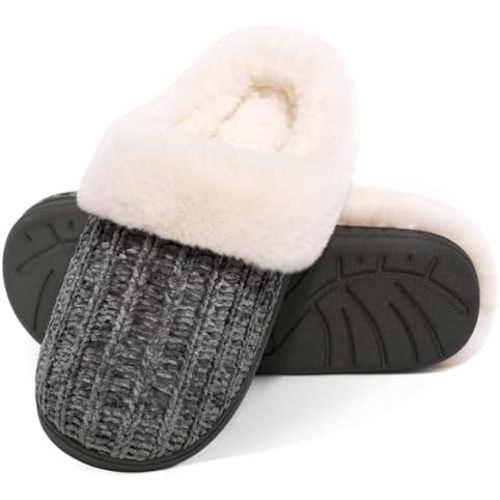 Evshine Warm Knit House Slippers for Women Comfy Wool-Like Lined Chenille Slippers with Memory Foam and Indoor Outdoor Soles