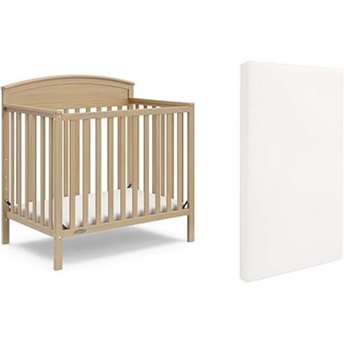 Graco Benton 4-in-1 Convertible Mini Crib with Bonus Mattress (Driftwood) – Includes Bonus 2.50-Inch-Thick Mattress with Water-Resistant Cover, Twin Bed